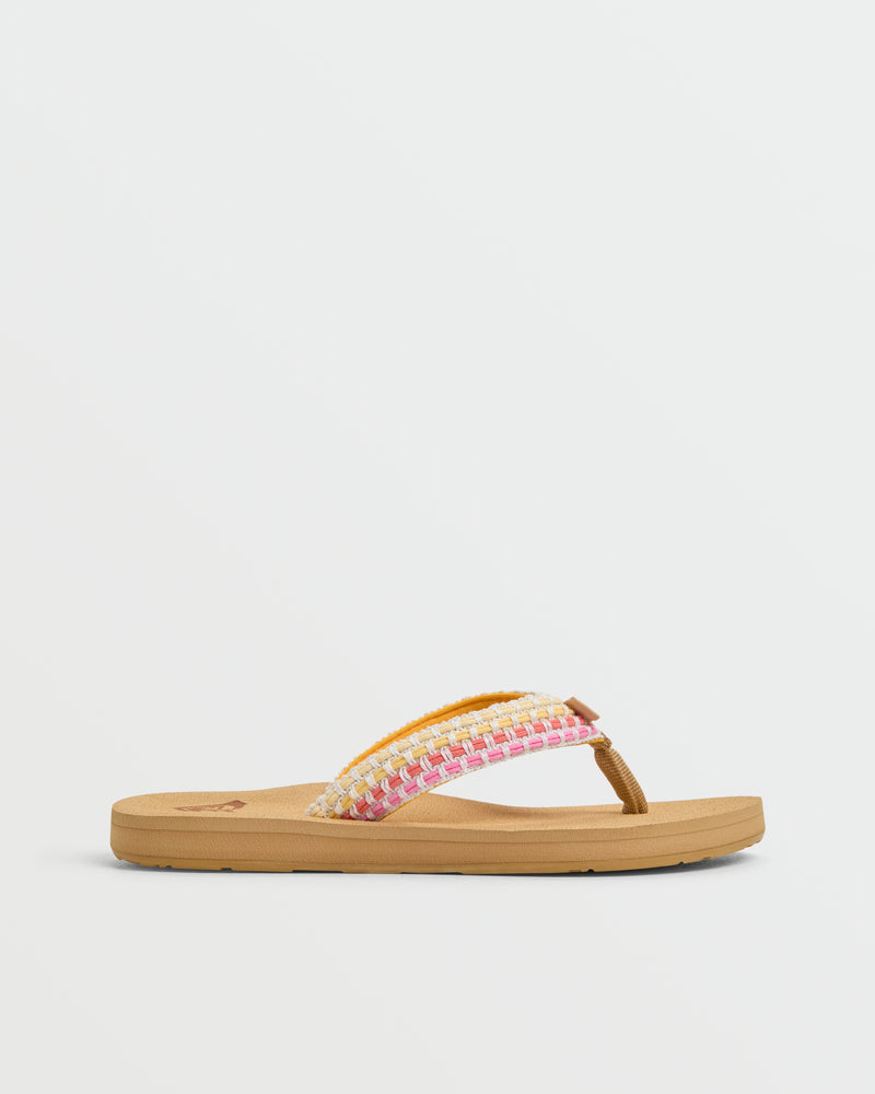 A single Roxy Porto IV Sandal, a women's casual flat sandal with woven fabric straps in yellow, white, and pink faux leather, shown on a plain white background.