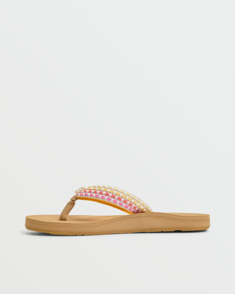 The Roxy Porto IV Sandal is a women’s casual sandal with a beige faux leather base and woven pink, white, and yellow strap, shown on a plain white background.