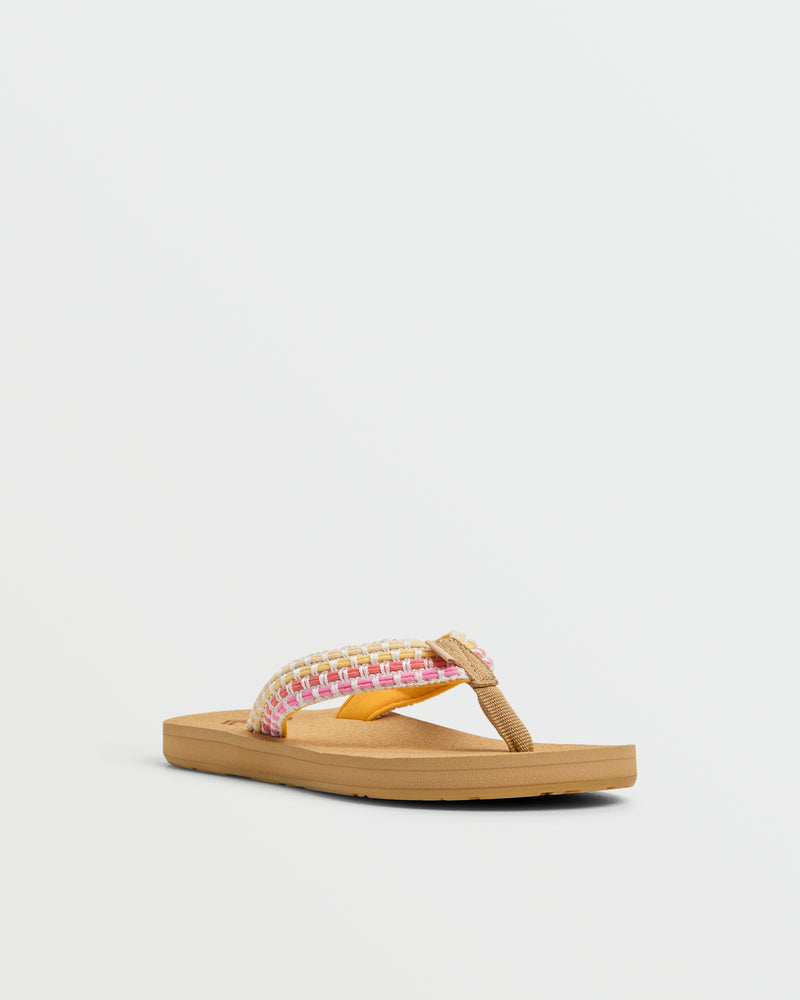 The Roxy Porto IV Sandal features a tan sole and a fabric thong strap with a pink, white, and yellow woven pattern—these women’s casual sandals are shown against a plain white background.