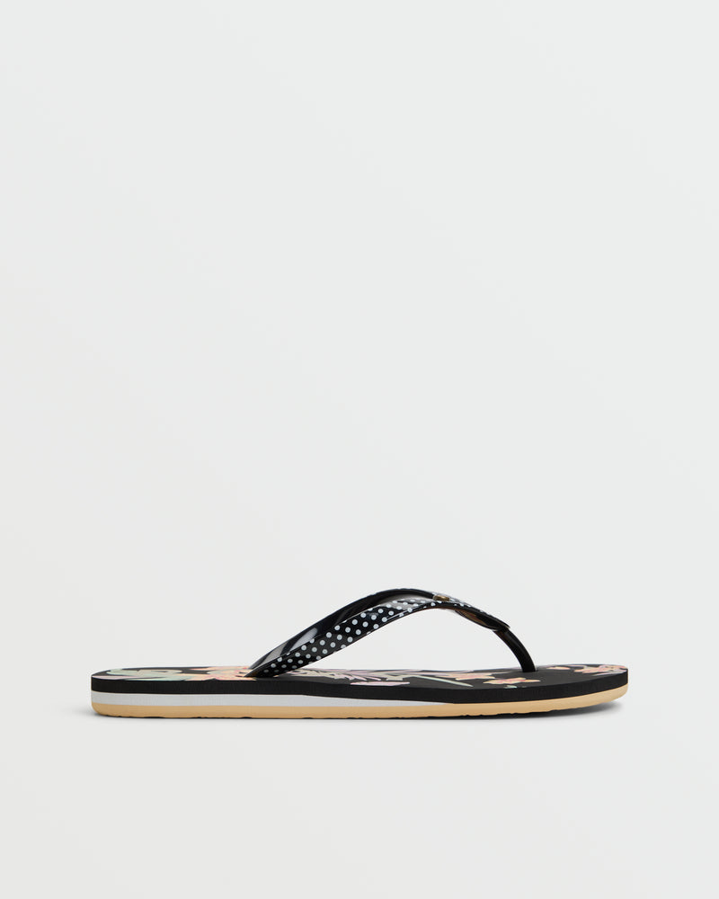 The Roxy Portofino III Sandal showcases a black thong strap with a floral insole, set against a white background—an ideal choice for stylish, comfortable summer footwear.