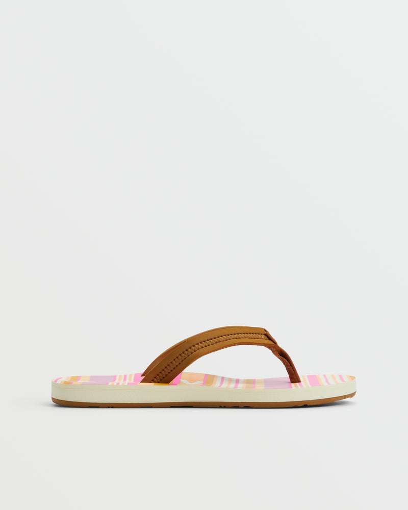 The Roxy Vista Loreto II Sandal features a brown strap, flat sole with pink, yellow, and white stripes, and soft support. This casual flip-flop is displayed against a plain white background.
