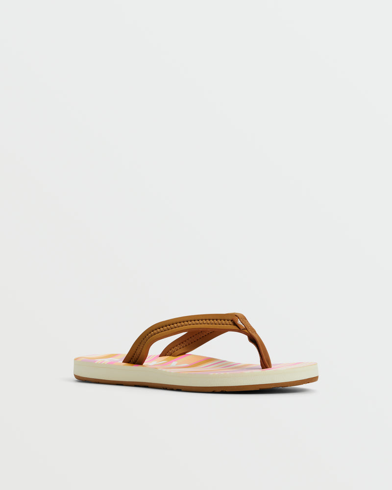 The Roxy Vista Loreto II Sandal features brown straps and a flat sole with pink and white stripes, shown on a plain white background—a stylish and comfortable casual footwear choice.