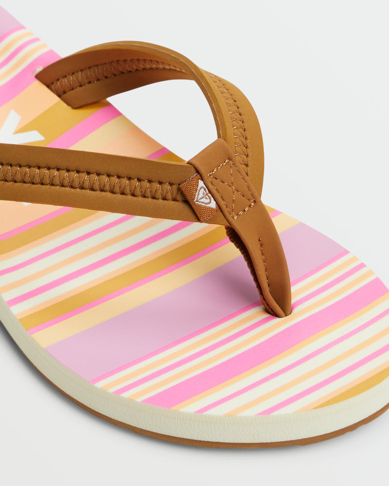 A close-up of the Roxy Vista Loreto II Sandal, showcasing tan straps, a pink/yellow/white striped footbed, visible stitching, soft support, and a small logo tag on one strap.