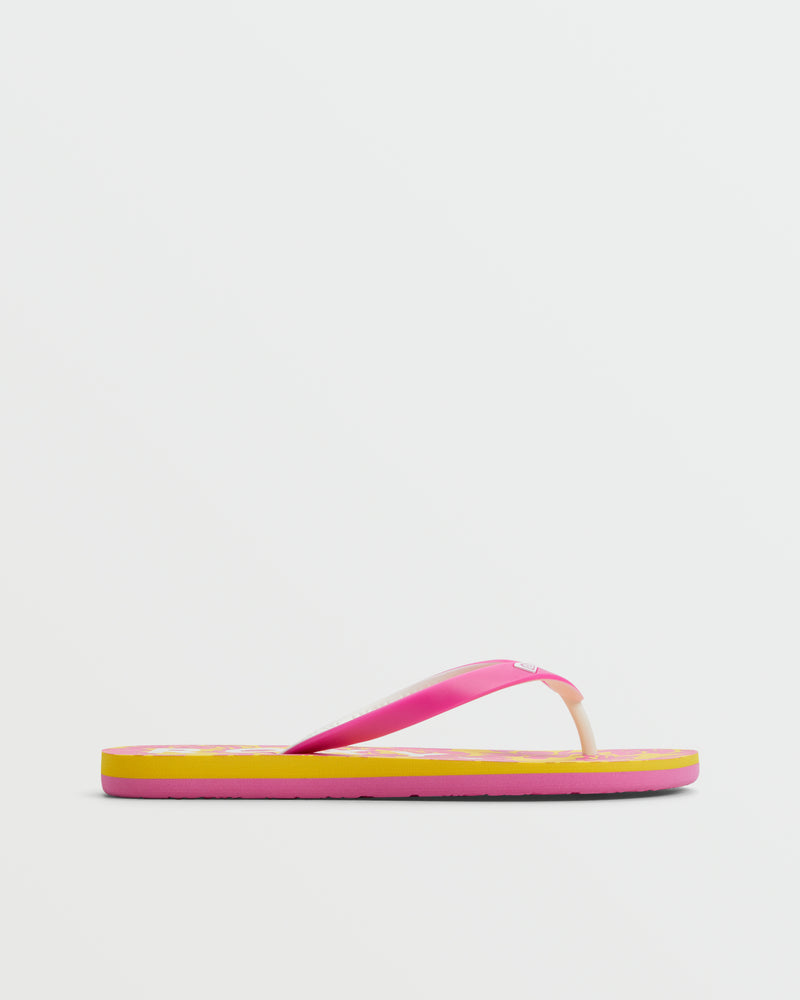 A single Roxy Tahiti VII Sandal, featuring a pink strap and yellow sole, displayed in profile on a plain white background—ideal for anyone seeking stylish and comfy summer sandals.