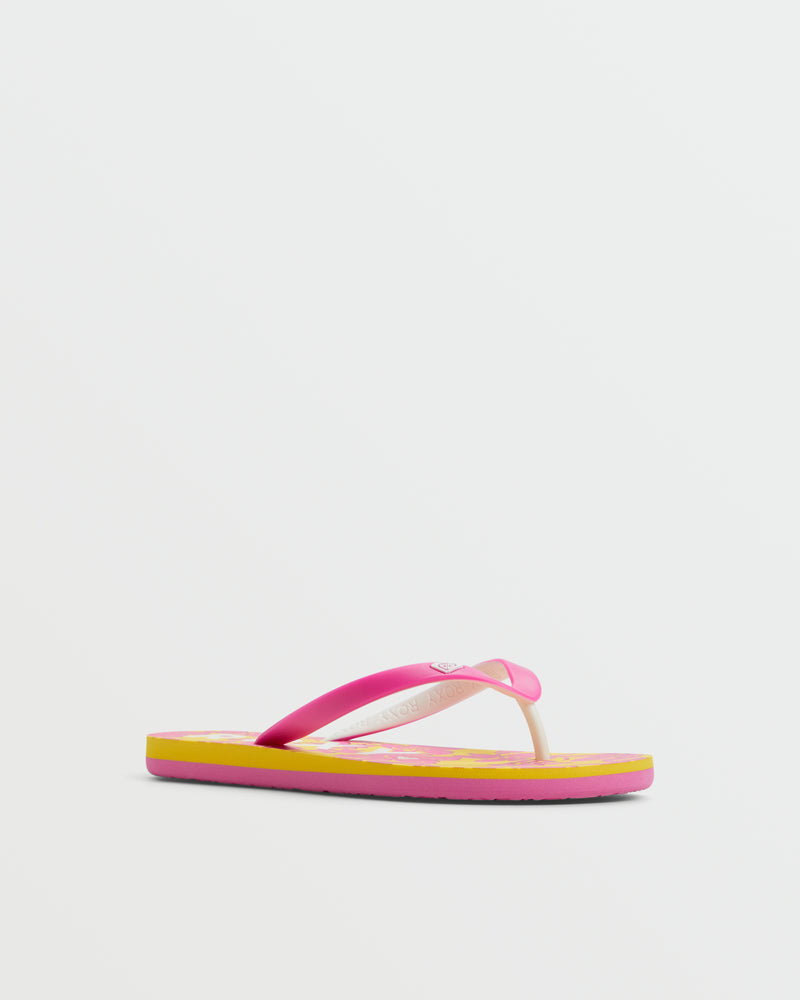 The Roxy Tahiti VII Sandal features pink straps and a pink-yellow sole, shown on a white background—ideal for anyone looking for comfy summer sandals.