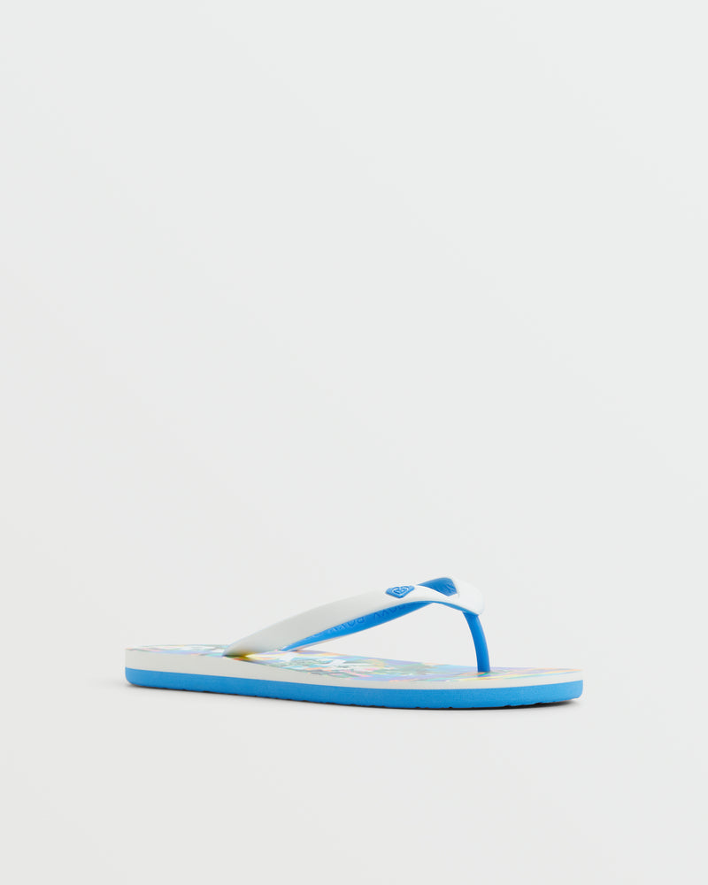 A single Roxy Tahiti VII Sandal in blue with a white and blue thong strap, perfect for summer style, is displayed on a plain white background.