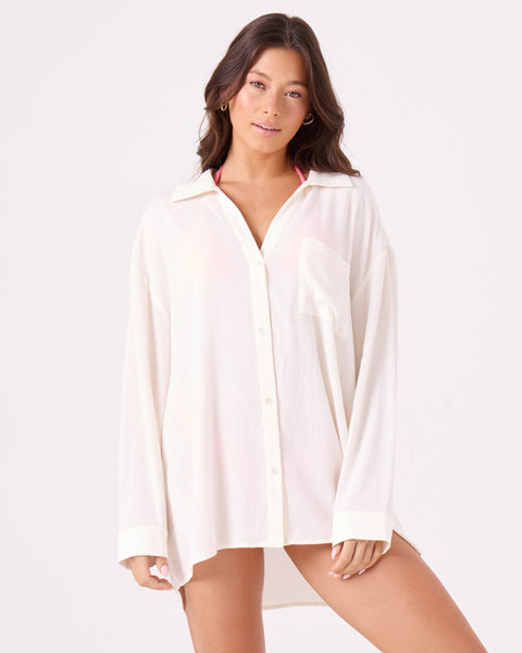 Solid Crinkle Long Sleeve Cover Up Camp Shirt - ROXY