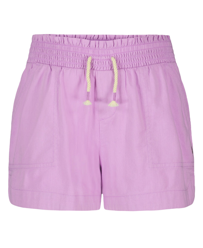The Roxy Girls' Soleil Short features light purple brushed twill, a smocked elastic waistband with cream drawstring, and two front pockets, shown against a white background.