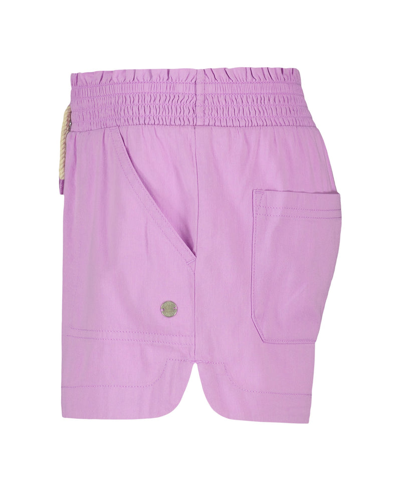 The Girls' Soleil Short by Roxy features lilac brushed twill, smocked elastic waistband, side and back pockets, rope drawstring detail, curved hem, and a silver button on the side pocket.