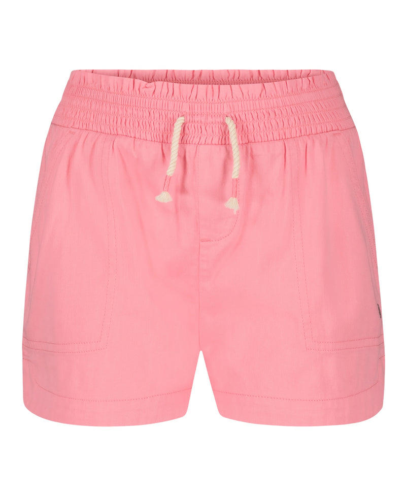 The Roxy Girls' Soleil Short features pink brushed twill, a smocked elastic waistband, white drawstring, and two front pockets. Perfect for stylish beachwear, they're shown against a white background.