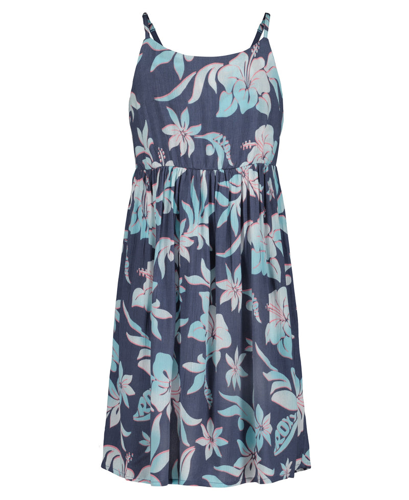 The Roxy Girls' Hibiscus Hype Dress is a sleeveless navy fit and flare style with thin straps, a gathered waist, and a pink and light blue tropical floral print for a vibrant summer look.