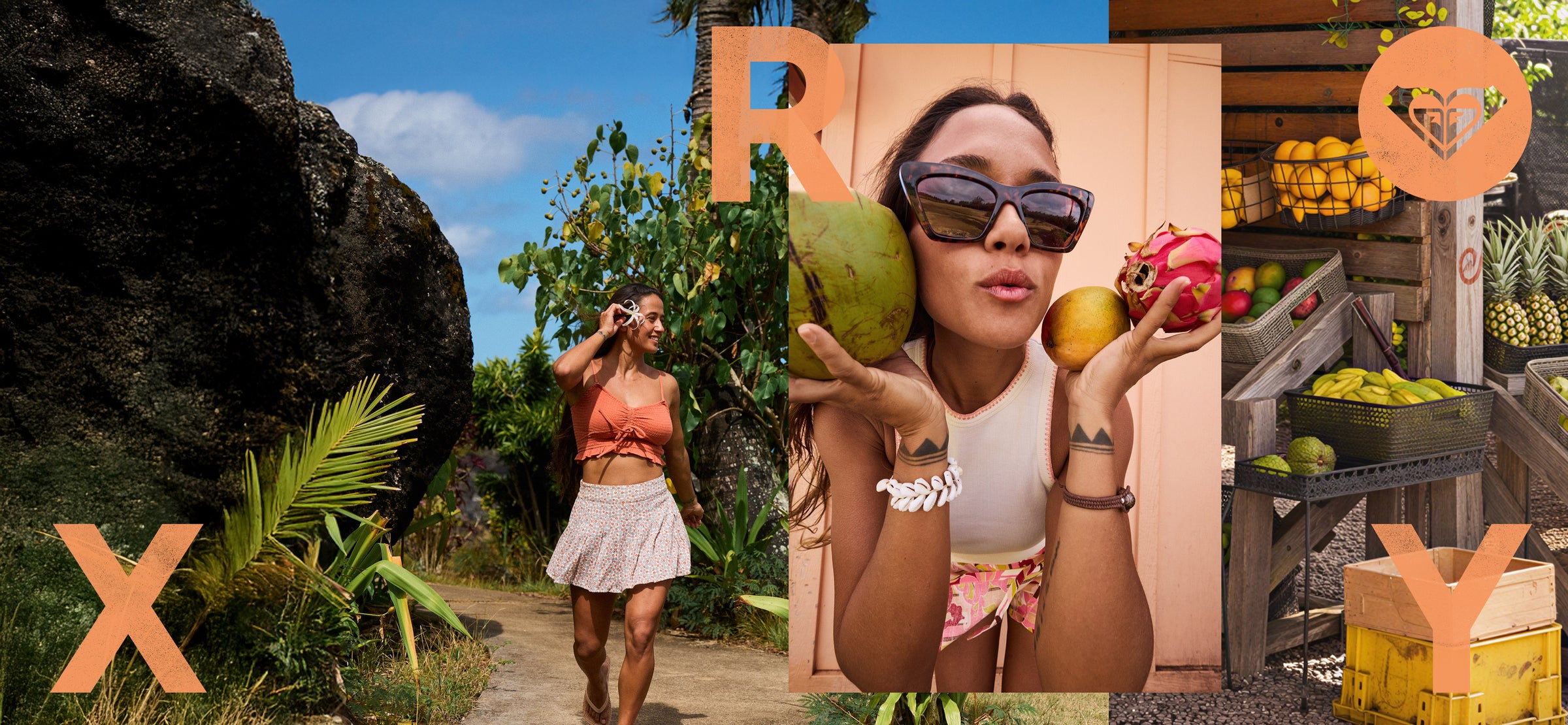 Collage of a woman holding a fruit, a tropical setting with a woman walking, and a market scene.