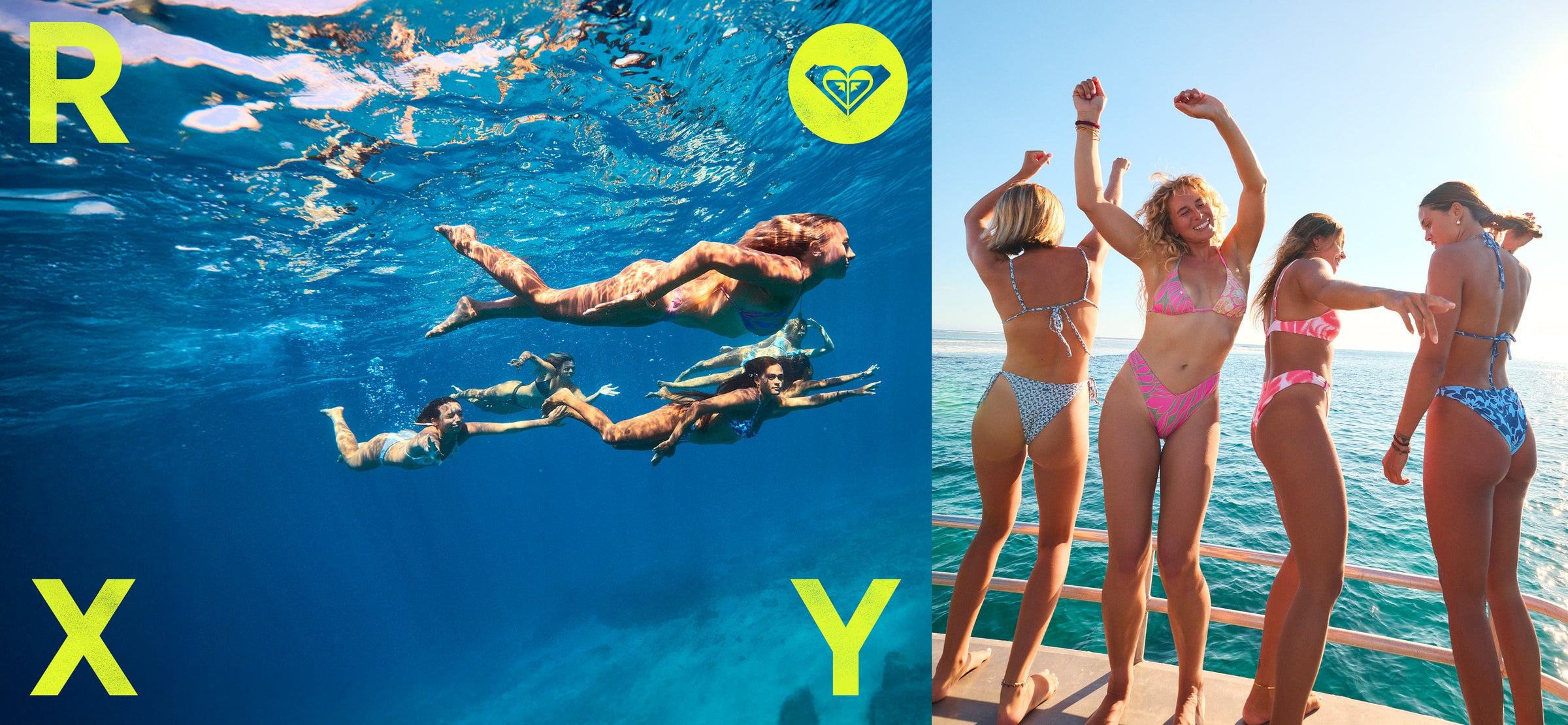 Two scenes: people swimming underwater with a Roxy logo, and people on a dock celebrating.