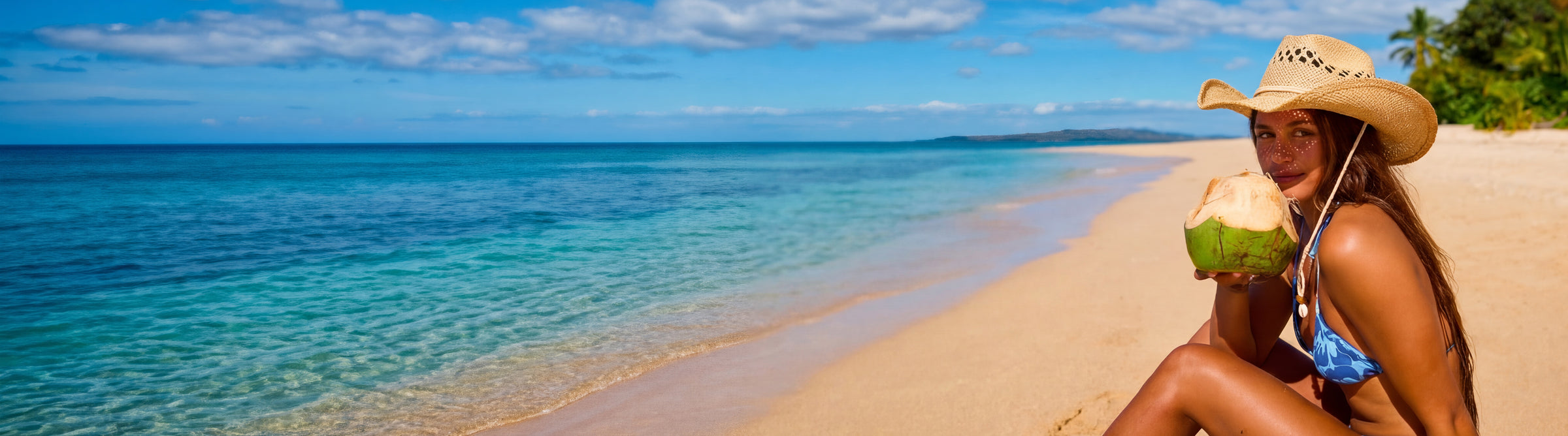 Woman sitting on a beach with a coconut, wearing a straw hat and sunglasses.