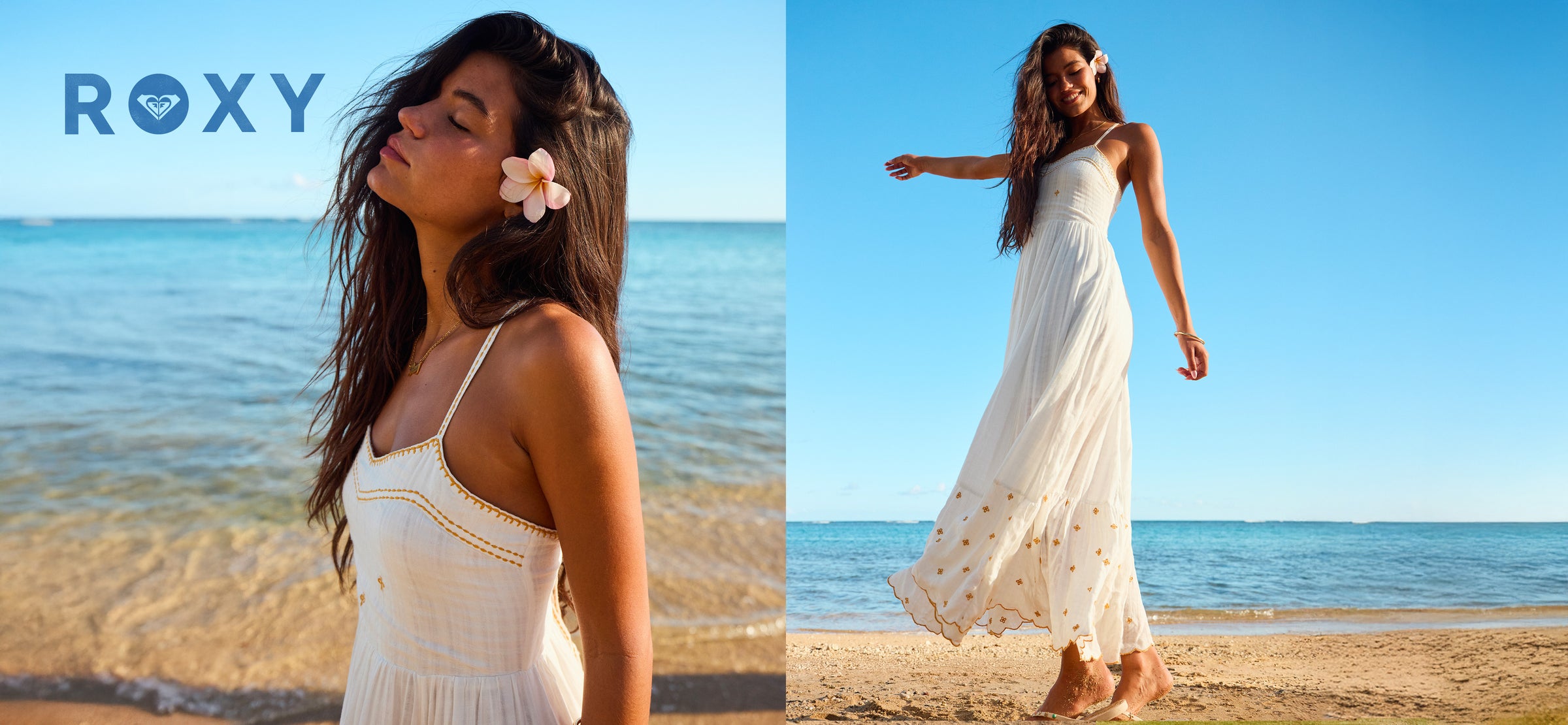 Woman in a white dress with floral details on a beach, featuring the Roxy brand.