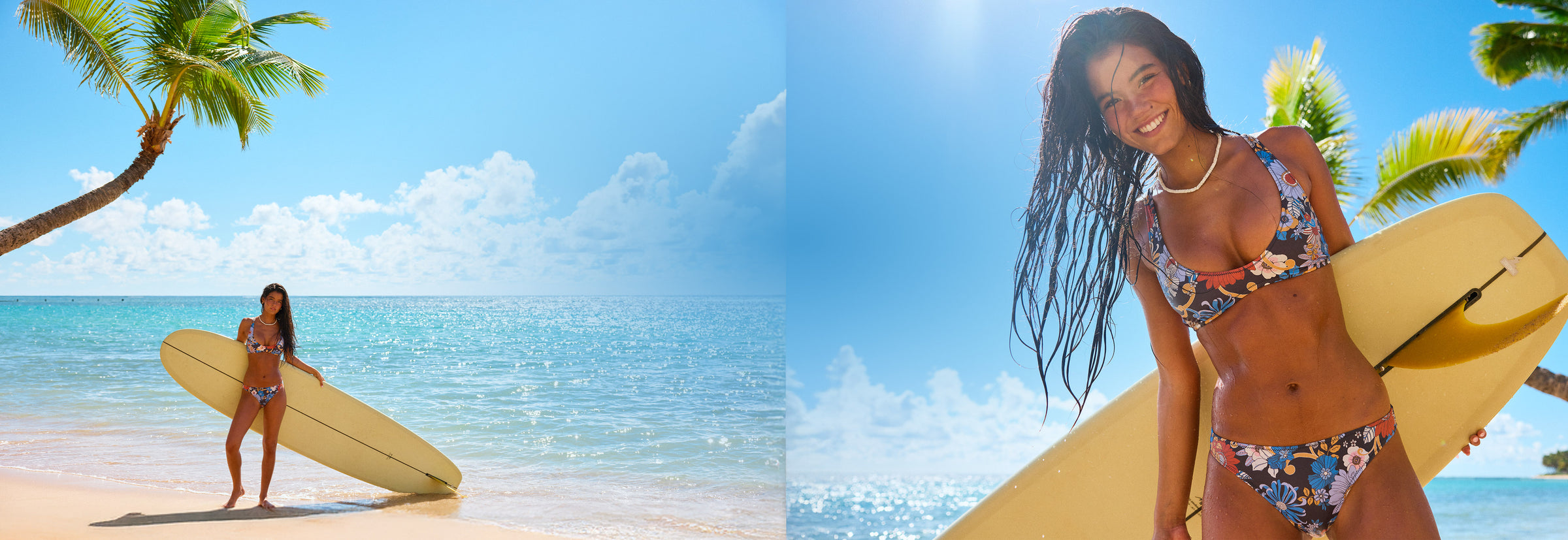 Woman with a surfboard on a tropical beach