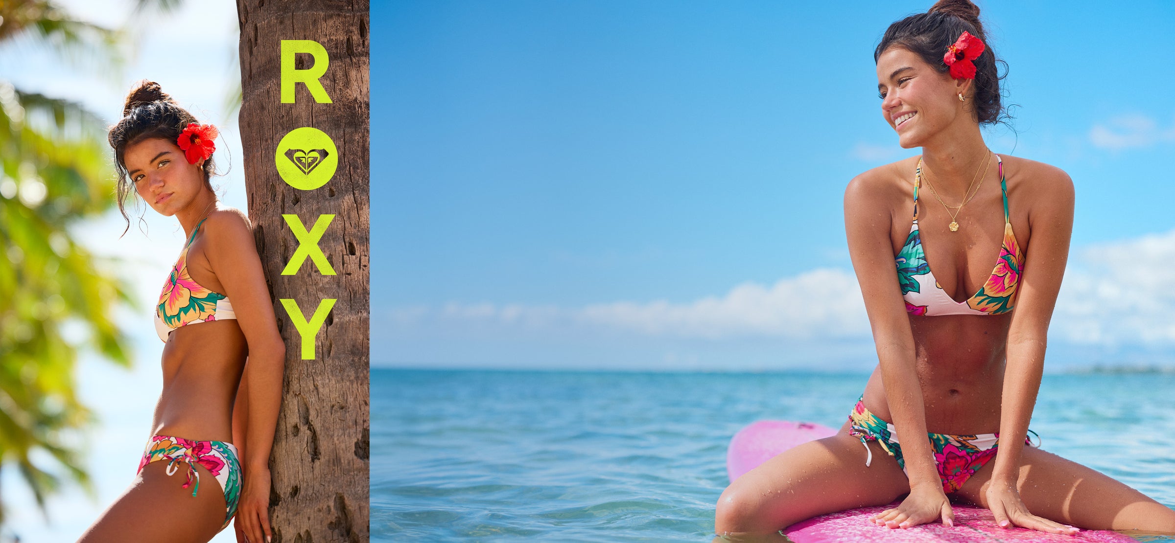Two images of a woman in a colorful bikini sitting by a palm tree with Roxy branding and on a surfboard in front of a blue ocean.