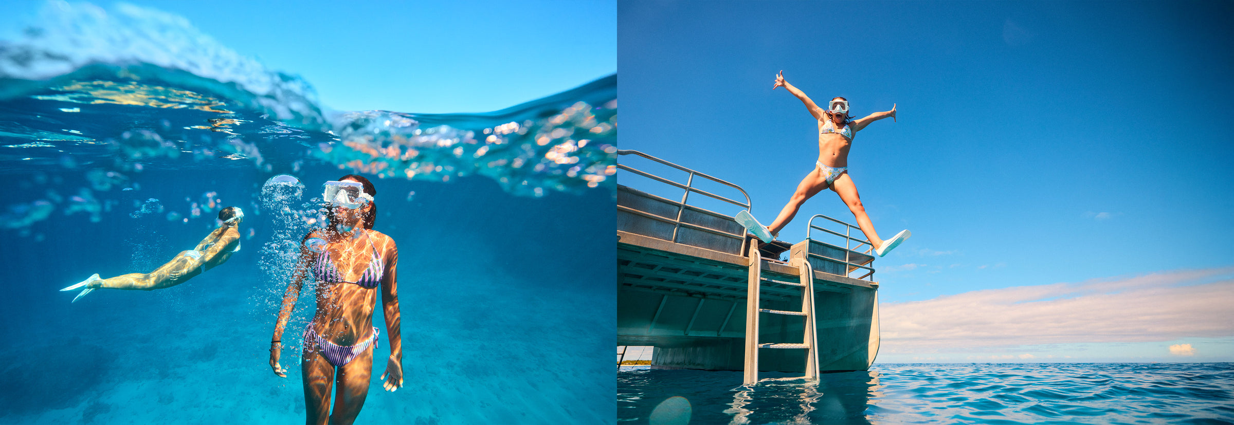 Two scenes of people in a pool; one underwater and one standing on a diving board.