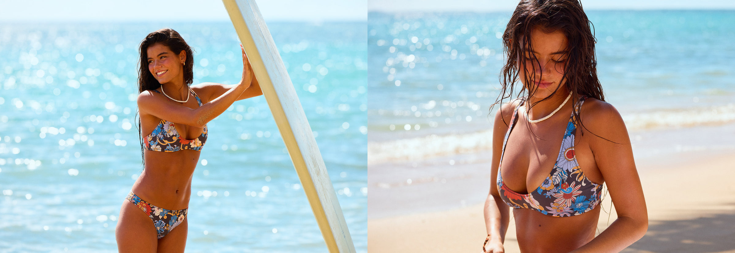 Two women in bikinis standing on a beach with a blurred background