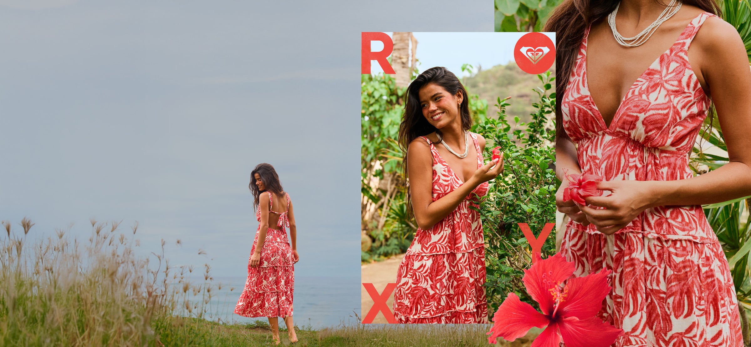 A woman in a red and white floral dress stands in a field, holding a red hibiscus flower. A close-up inset shows her smiling by greenery. The word ROXY and a hibiscus flower graphic appear on the image.