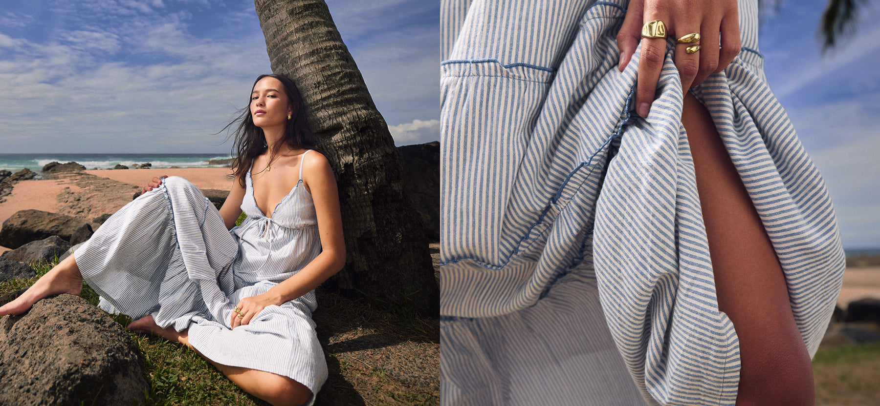 Model wearing a blue and white striped maxi dress while relaxing on a beach beside palm trees, with a close-up of the dress fabric and side slit.