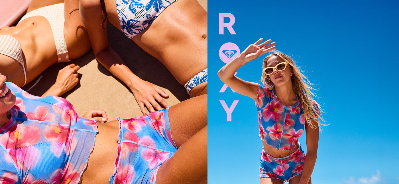 Model wearing a blue floral mesh top and matching shorts poolside, alongside a beach portrait of the matching summer outfit.