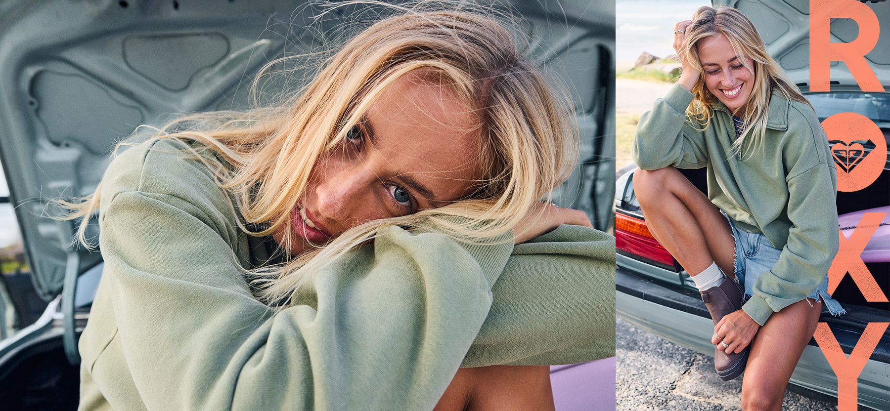 A split-screen lifestyle photo showing a woman wearing an oversized sage green sweatshirt. The left side shows her leaning against an open car trunk, and the right side shows her sitting on the edge of a car outdoors with a large orange 'ROKY' text graphic overlay.