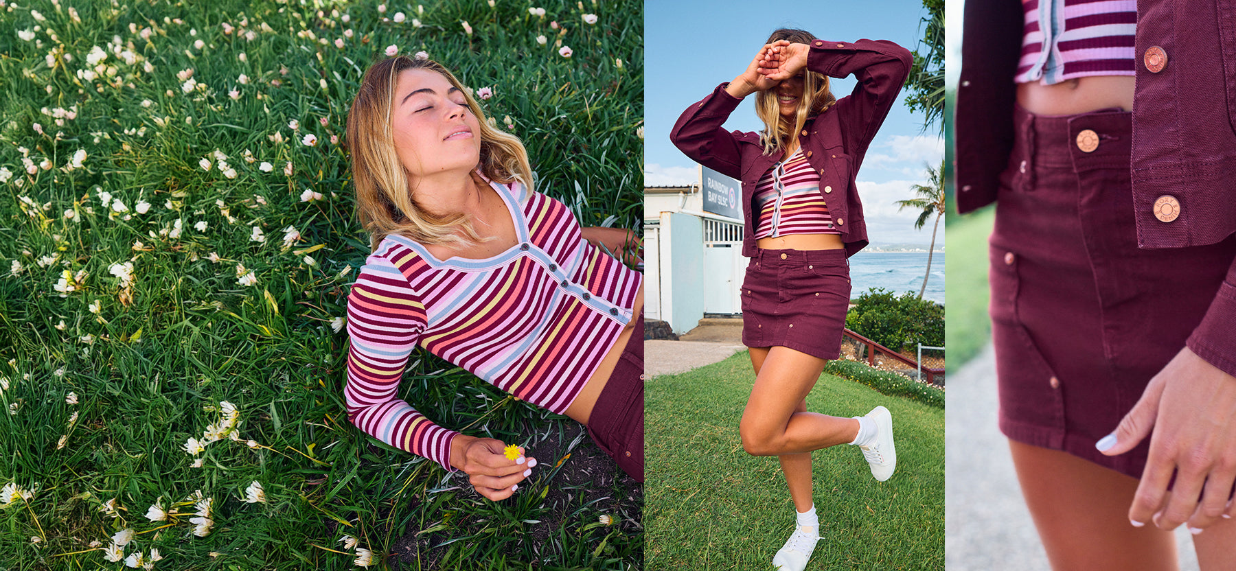 A three-panel lifestyle collage showing a model wearing a burgundy and pink striped long-sleeve crop top, matching mini skirt, and a burgundy cropped jacket outdoors. The left panel shows her lying in a field of white flowers, the center panel shows her posing on a lawn near the ocean, and the right panel is a close-up of the jacket buttons and skirt.