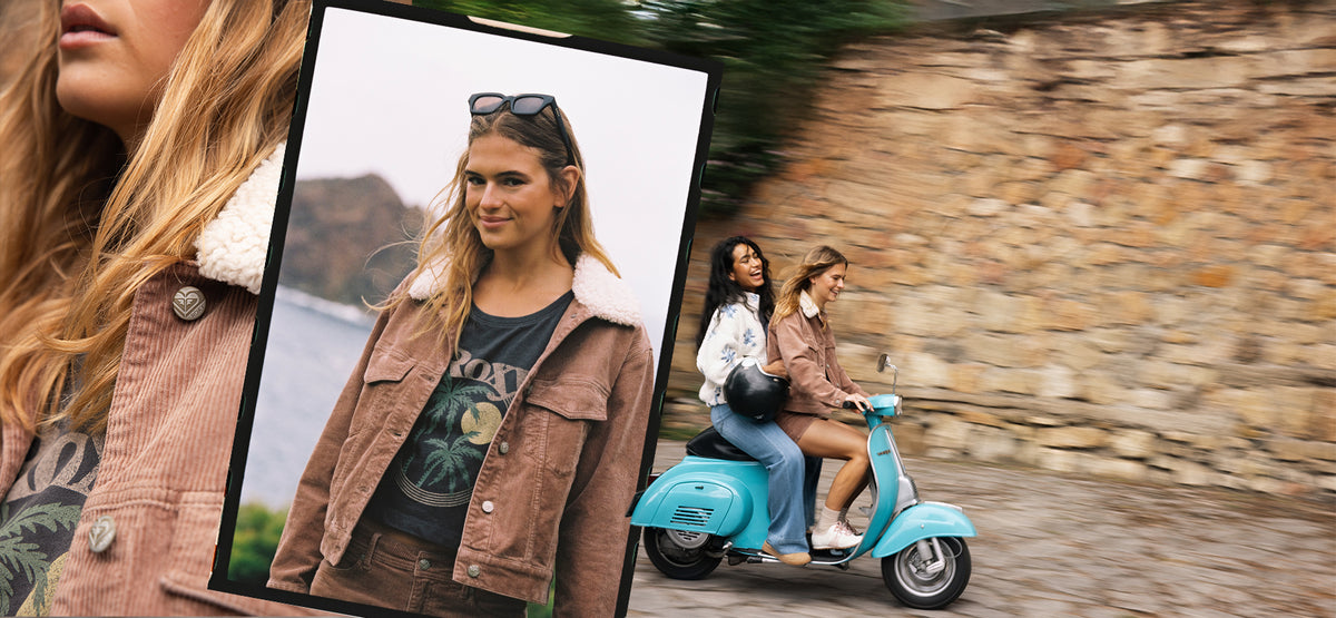 A lifestyle collage featuring a woman wearing a brown corduroy jacket with a white shearling collar over a graphic t-shirt, shown in a close-up and an inset photo riding a light blue scooter on a cobblestone street.