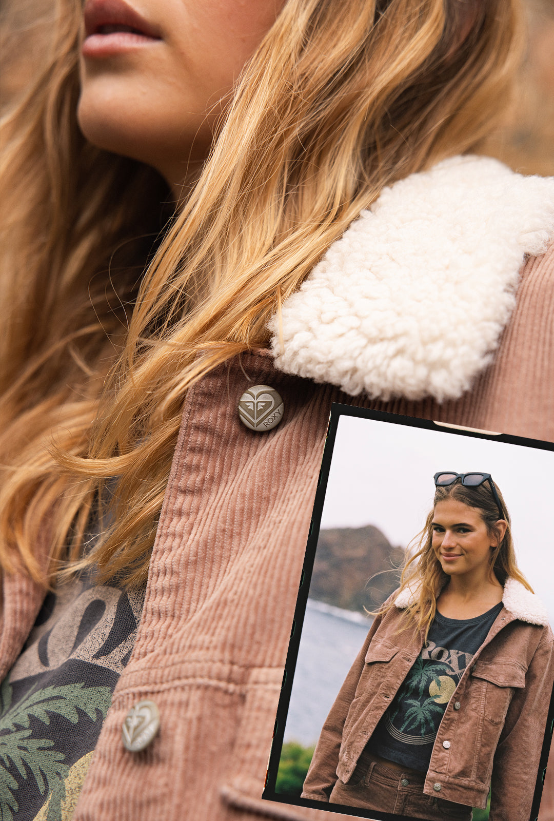 A close-up lifestyle shot of a woman wearing a brown corduroy jacket with a white sherpa collar, holding a smartphone that displays a photo of her wearing the same jacket.