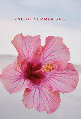 A large pink hibiscus flower centered on a soft light background with the text 'END OF SUMMER SALE' in red at the top.
