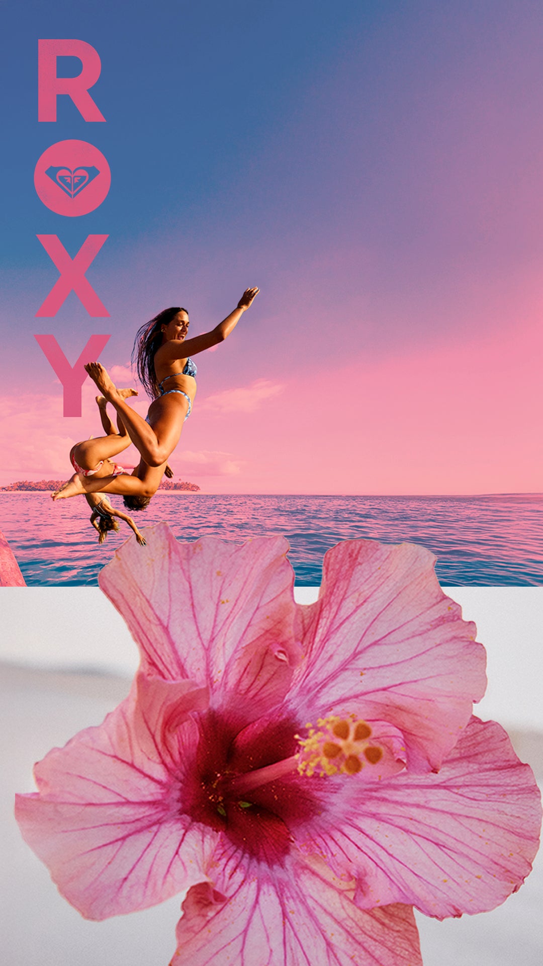 A split-style promotional image with the word ROXY in large pink letters on the left and a large pink hibiscus flower in the foreground, behind which two people are jumping off a diving board over an ocean at sunset.