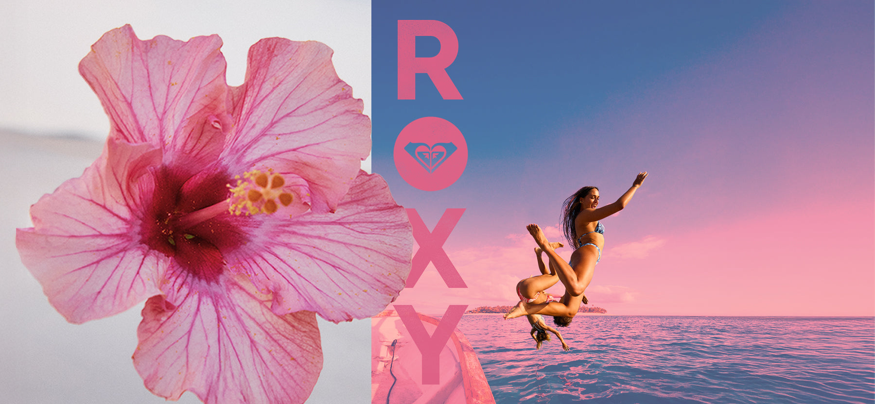 A split visual with a large pink hibiscus flower on the left and a woman jumping into the ocean under a blue sky on the right, with the vertical pink text 'ROXY' centered between the two halves.