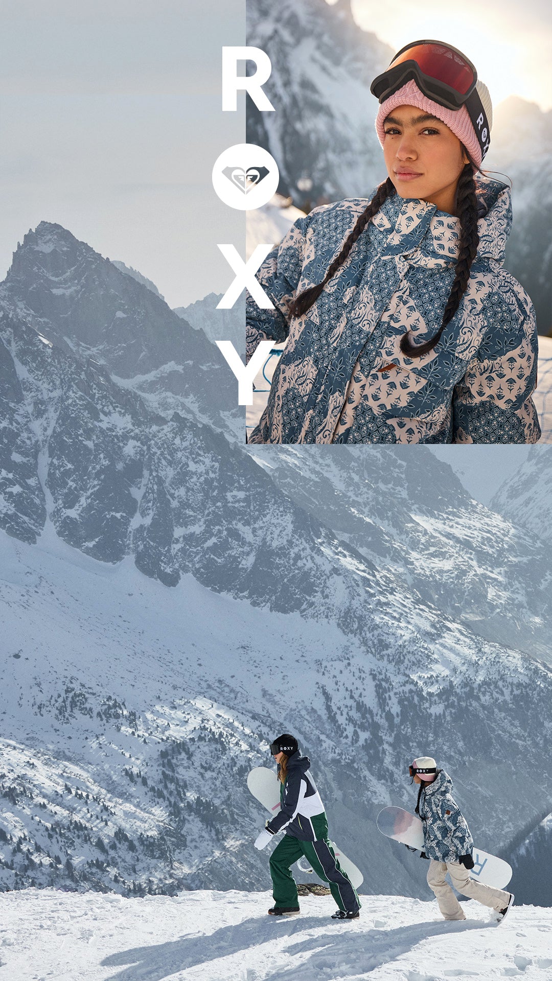 A snowboarder and another person in a snowy mountain setting, with a large inset of a woman wearing a patterned Roxy ski jacket and helmet. The Roxy brand logo is vertically overlaid on the left side.