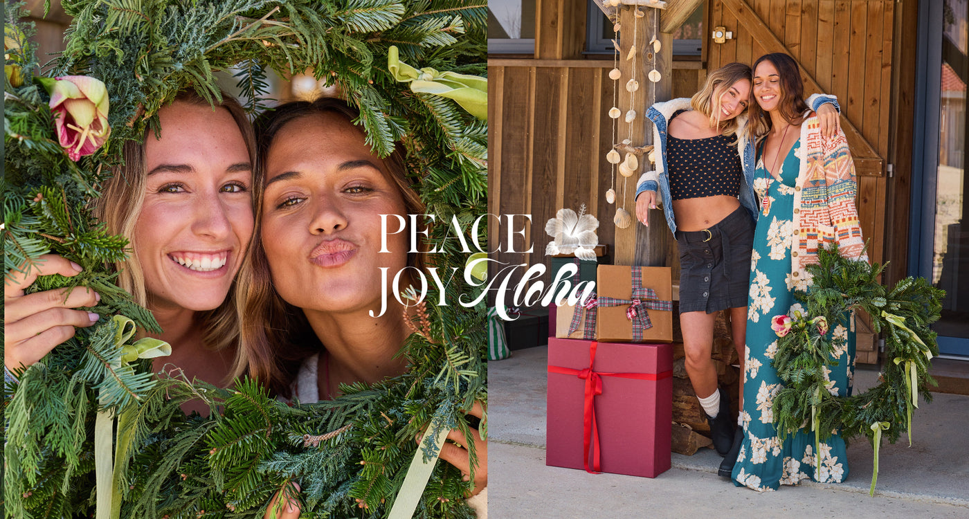 Two women with a Christmas wreath, text 'Peace Joy Aloha', and two women standing outdoors with a Christmas wreath and gift.