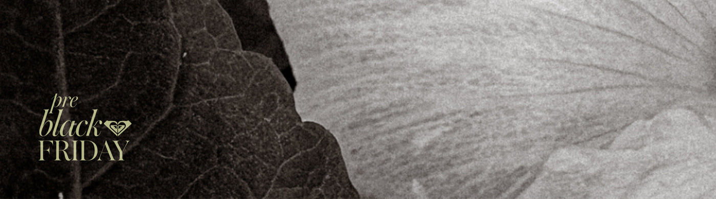 Close-up of dark leaves with Pre Black Friday text and logo.