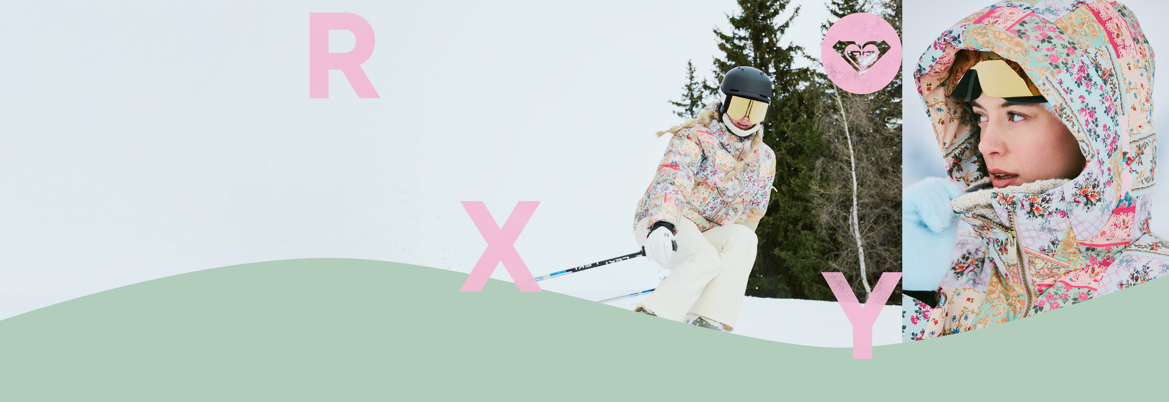 Person skiing with a floral-patterned hood and 'RX' branding in a snowy landscape.
