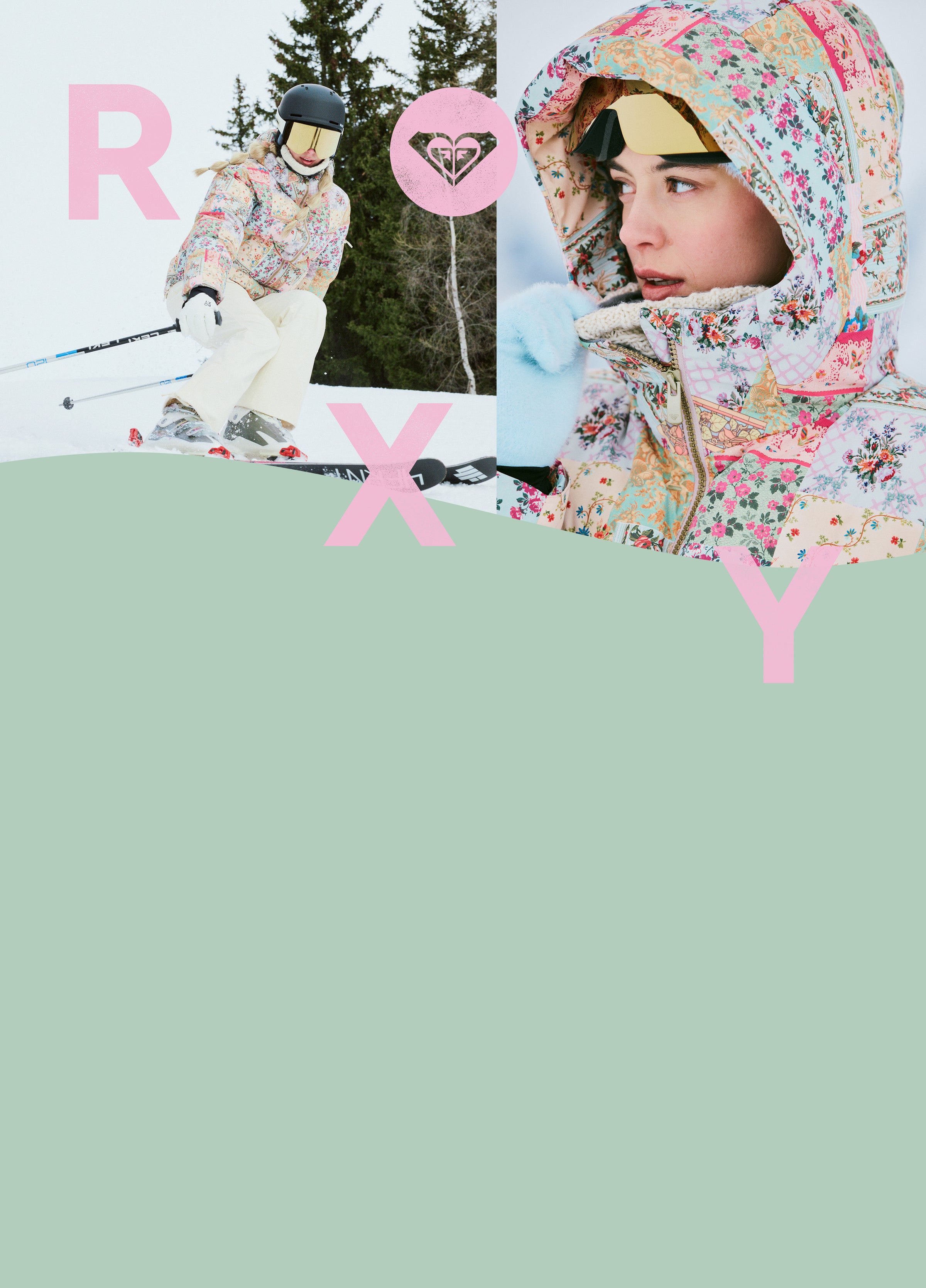 Person skiing with a floral-patterned jacket and headscarf, with 'Roxy' branding.