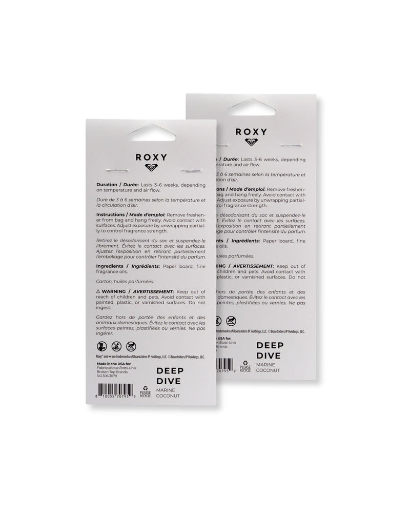 Two white rectangular packages labeled ROXY display both English and French text. The bottom section highlights “Deep Dive” and “Marine Coconut,” capturing the refreshing essence of saltwater air. Instructions, warnings, and ingredients for the Air Freshener 2-Pack Variety Pack are printed on the back.
