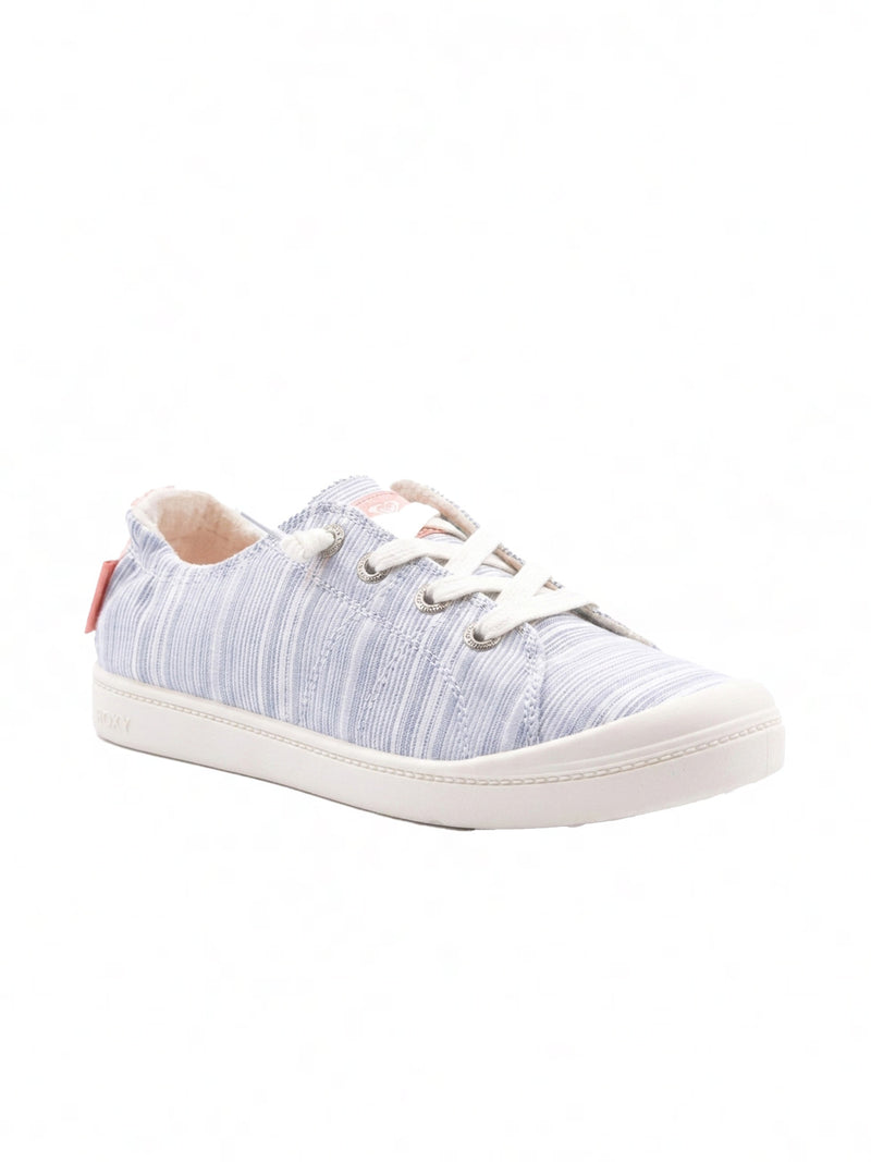 The Roxy Bayshore Plus Sneaker features a light blue color, white laces and sole, subtle stripes, and a small pink heel pull tab—perfect for effortless coastal style on any adventure.