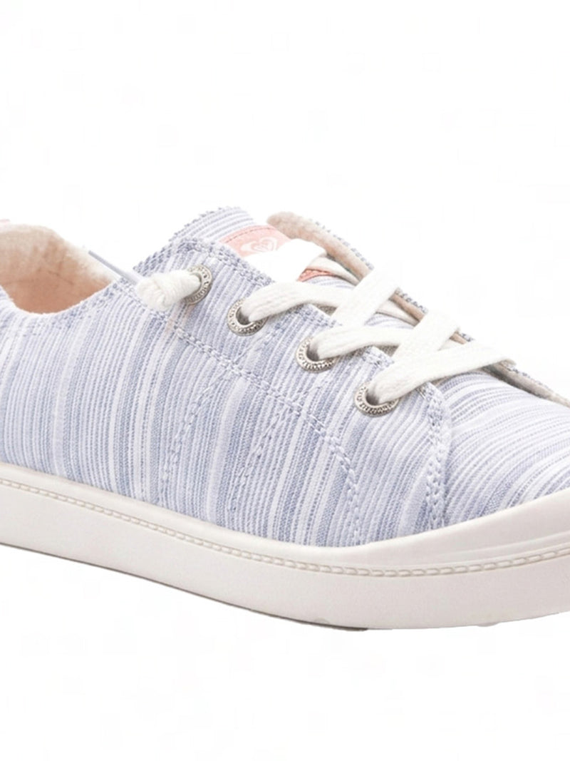 The Roxy Bayshore Plus Sneaker features light blue and white stripes, matching laces, and a white rubber sole. This lightweight casual shoe is displayed on a plain white background.
