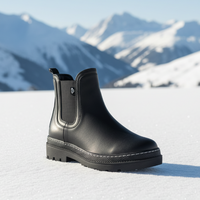 Black Chelsea boot on a snowy surface with mountains in the background