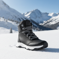Black winter boot in the snow with mountains in the background