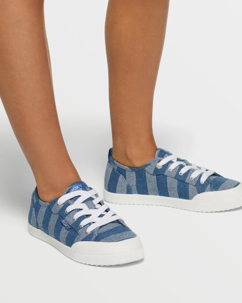 A person wearing Roxy Shorebreak Slip On Sneakers with blue and light blue stripes, white laces, and white soles stands on a white background.