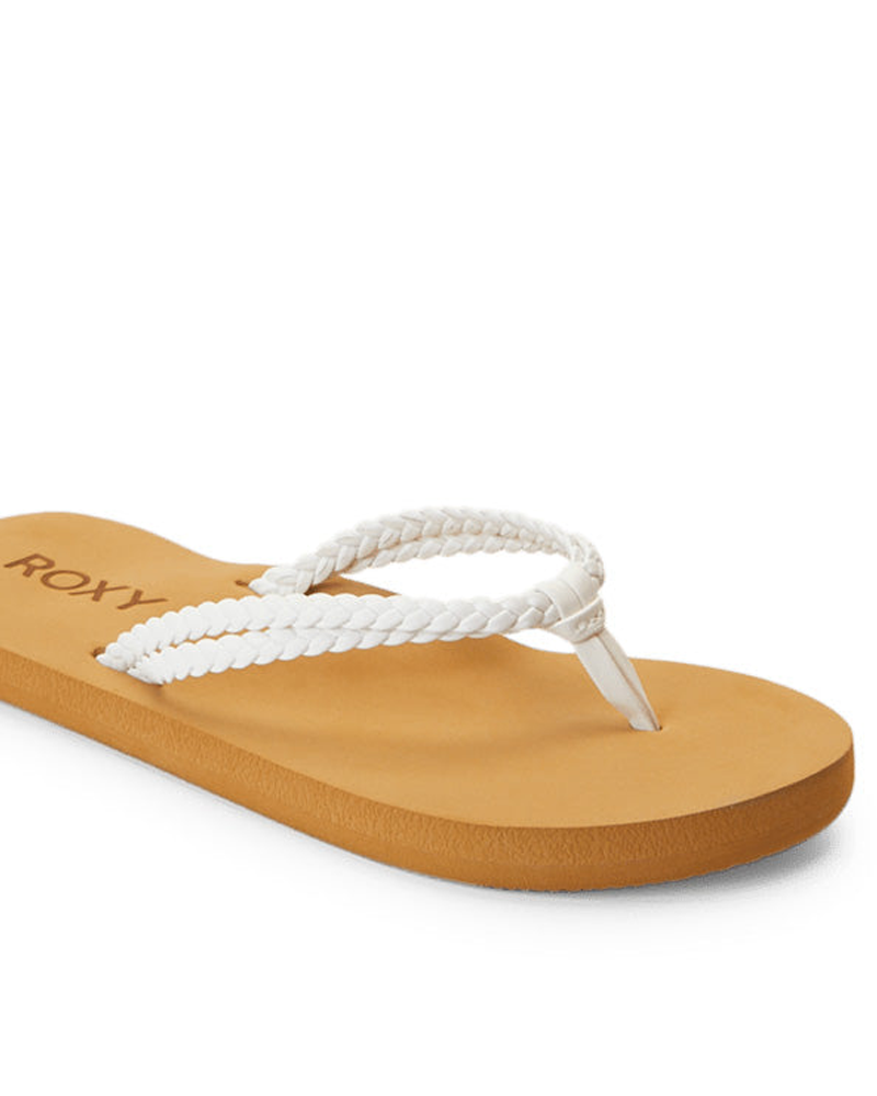 The Roxy Costas II Sandal in tan features a cushioned sole and white braided straps with the Roxy logo partly visible on the footbed, displayed at an angle on a plain white background.