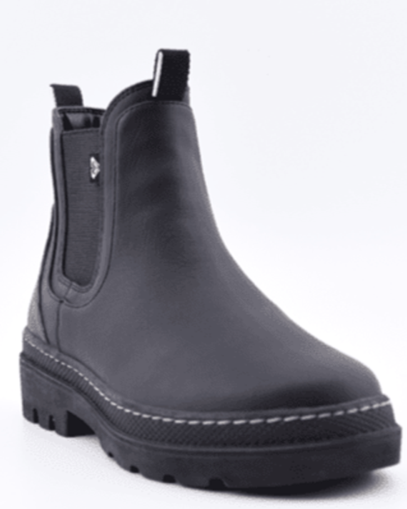 The Roxy Wonderland Boot is a black faux leather Chelsea boot featuring a lug sole, elastic side panels, and a pull tab at the back, shown on a light background.