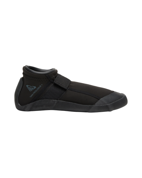 The Roxy 1mm Prologue Round Toe Reef Boot is a black limestone neoprene water shoe with a rubber sole, Velcro strap, low ankle cut, and a small side logo—ideal for water sports.