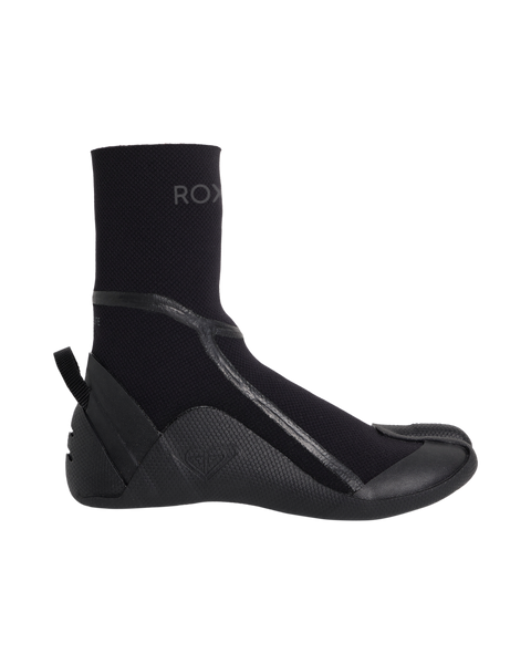 The Roxy 3.0 Elite Split Toe Boot is a black neoprene surf bootie featuring a high ankle, reinforced toe, textured sole, and heel pull tab, shown on a plain white background.
