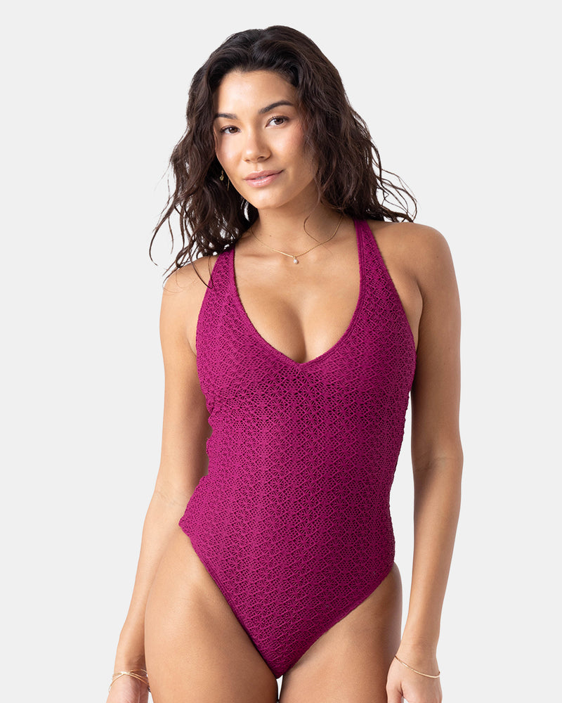 Crochet Plunge One Piece Swimsuit - Raspberry - Roxy