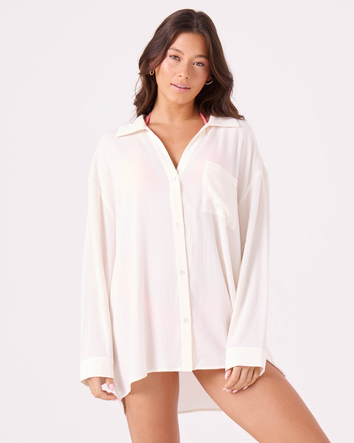Solid Crinkle Long Sleeve Cover Up Camp Shirt - ROXY